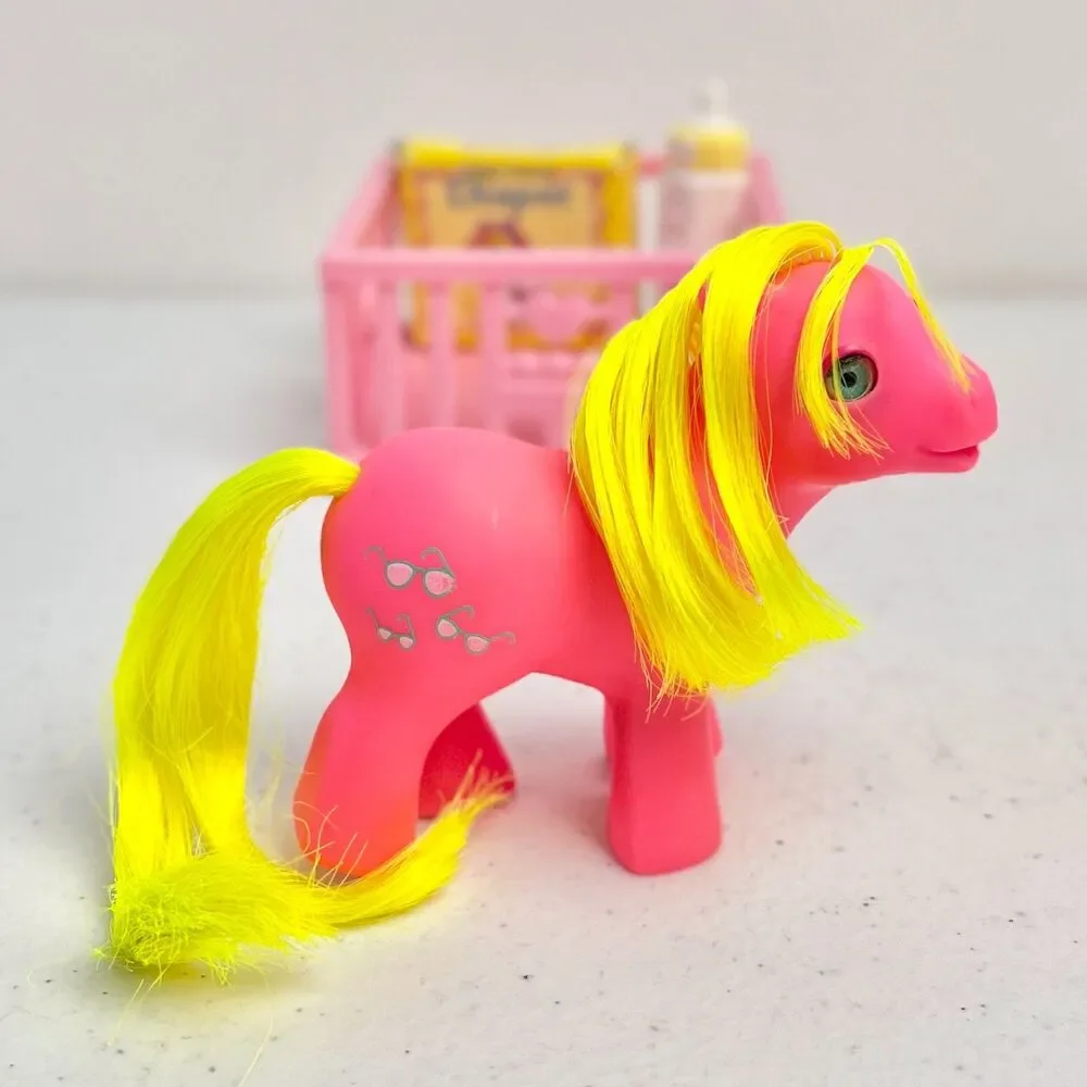 Vintage G1 My Little Pony Baby Shady BBE Pink Yellow w/ Accessories Hasbro 1986